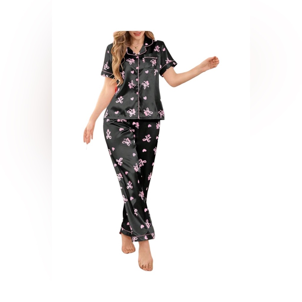 Luxury Bow Black&Pink Satin Pajama Set S